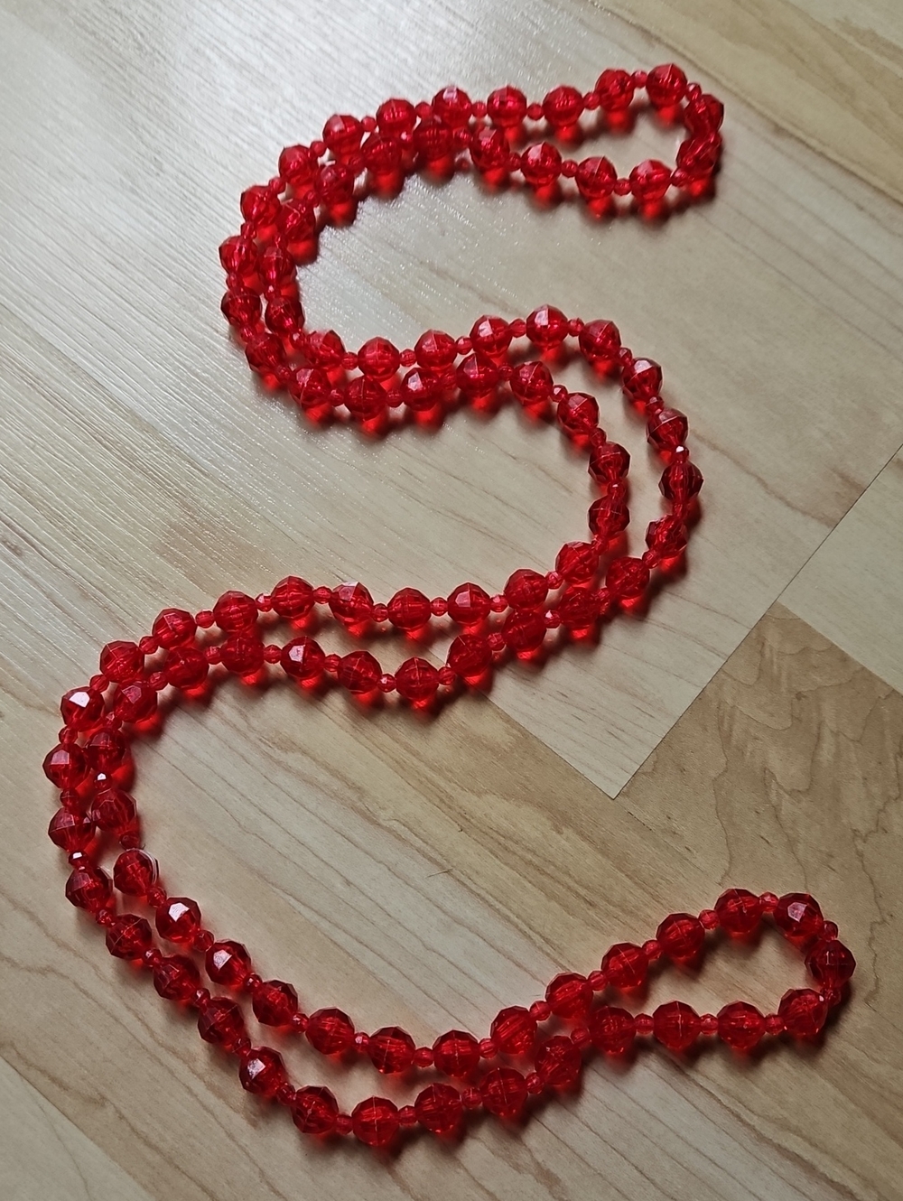 Red Faceted Beaded Bead Necklace Plastic Long Over The Head